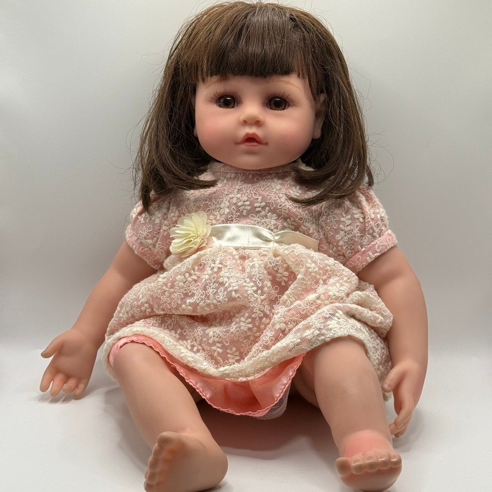 Realistic Baby Doll 18 Inch Brown Hair Pink Lace Dress Soft Body